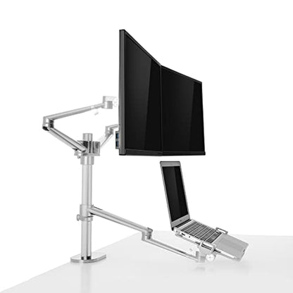 AEONS Dual Monitor and Laptop Desk Mount Combo Stand with Notebook Holder fits up to 17 inch, 3-in-1 Adjustable Triple Arm Mount fits 27 inch LCD Screen with VESA, Clamp and Cable Management, Silver - style: Triple Arm & Tray, Silver