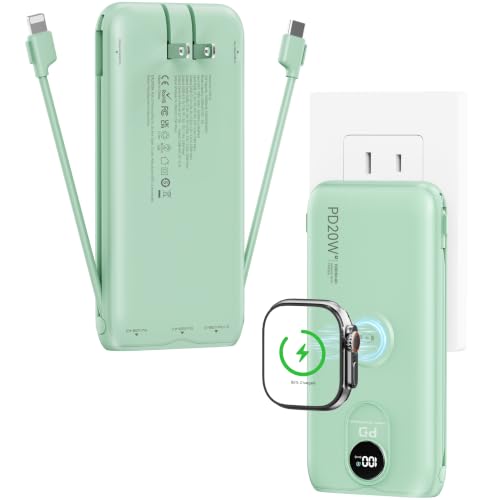 Portable Charger 10000mAh 20W, Wall Plug, 2 Cables, iWatch Charging | Digital Display, Compact Lightweight, USB C Fast Charge, USB-A 18W, Multi Protection, Travel Essential, for iPhone 17 16, Pad - color: Natural Green