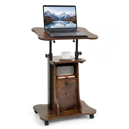 Giantex Mobile Podium Stand, Height Adjustable Laptop Computer Cart w/Tilting Top, Storage Cabinet & Lockable Wheels, Church Classroom Lecture, Sit-to-Stand Desk for Home Office (Rustic Brown,1) - color: Rustic Brown