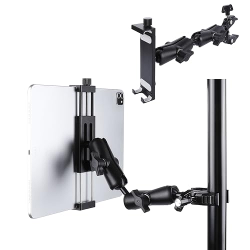 Aluminum Dual Arm Tablet Mount with Super Clamp for Rails 0.5'' to 2'' in Diameter, Side Mount Tablet Holder for Mic Stand, Compatible with iPad Pro 12.9 Air Mini, Galaxy Tab, 4.7-12.9" Tablets