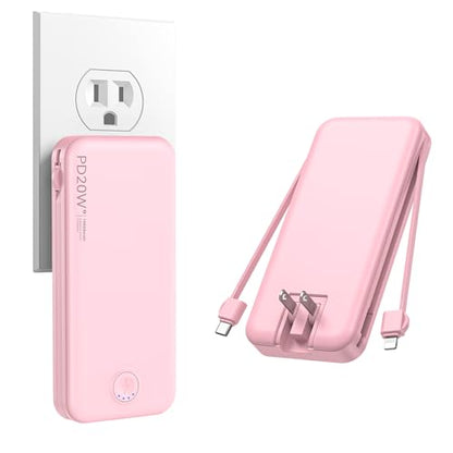 Nusyddy Portable Charger 10000mAh Fast Charging w/Built-in Wall Plug Pink | PD20W Fast Charging, LED Indicator, Pass Through Charging, TSA Approved, Compact/Slim, Power Bank for iPhone/iPad/Samsung - color: Pink