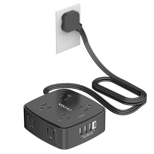 6 Ft Surge Protector Power Strip - YISHU 8 Widely Outlets with 4 USB Ports, 3 Side Outlet Extender with 6 Feet Flat Extension Cord, Ultra Flat Plug, Wall Mount, Desk USB Charging Station, ETL, Black - color: Black(Flat Cord), size: 6 Ft