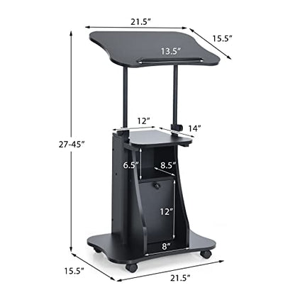 Tangkula Mobile Laptop Podium Set of 2, Height Adjustable Sit to Stand Desk with Tilting Desktop & Storage Cabinet, Ergonomic Rolling Lectern Cart Laptop Desk, Office Podium Stand on Wheels - color: Black, size: 21.5" x 15.5" x 45"