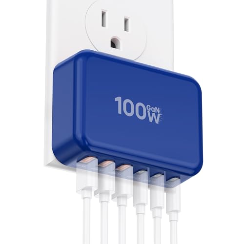 Fast Charger Block USB C, GaN 6 Port Charging Station Hub Cube, 100W Multiport Type C Wall Charger Power Strip Plug with PD 3.0+QC for iPhone 16 15 14 13 12 1 Pro Max XR XS 8 7, Samsung, iPad, Table - color: Dark Blue