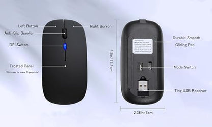 WREANU Wireless Bluetooth Mouse Rechargeable Laptop Mice with LED Lights Silent Slim Use(BT5.2 and 2.4G Portable USB) Dual Mode Computer Mouse for Laptop/iPad/Tablet/Apple/Computer/Mac (Black) - color: Black
