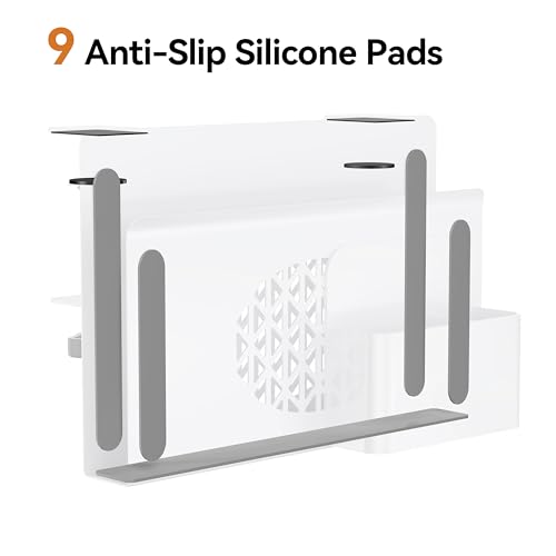 Desk Side Storage, Metal Laptop Holder with Magnetic Pen Box, Clamp-On Under Desk Organizer with Cooling Holes & Anti-Scratch Pads for Office and Home (White) - color: White