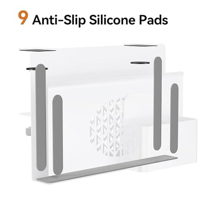 Desk Side Storage, Metal Laptop Holder with Magnetic Pen Box, Clamp-On Under Desk Organizer with Cooling Holes & Anti-Scratch Pads for Office and Home (White) - color: White