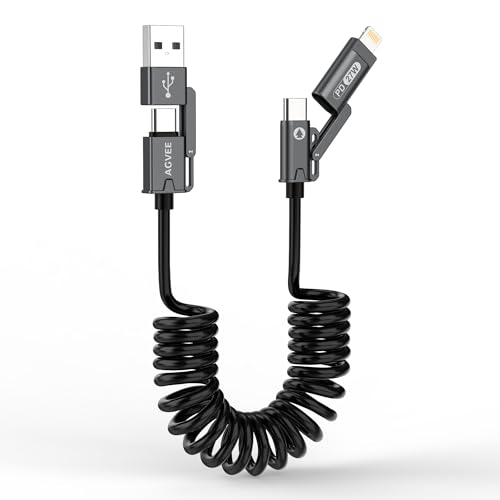 AGVEE 5ft 4-in-1 Coiled Multi Charging Charger Data Transfer Cable | Secure-Slide No-Loss Adapters, Slim Tips Fit Thick Cases, Lightning End Reinforced, PD 60W for iPhone Carplay, Android Auto - color: Black, size: 5ft, style: 4 in 1