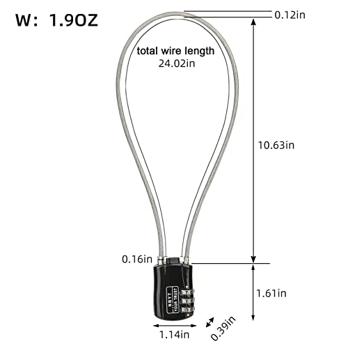 3-Digit Steel Cable Combination Padlock, Wire Diameter 3/24", 24" Circumference,for Travel Luggage, Backpack, Cycling Helmet, Small Cabinet, Gym Cabinet, Suitcase - size: 24IN (Span 11in)