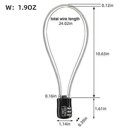 3-Digit Steel Cable Combination Padlock, Wire Diameter 3/24", 24" Circumference,for Travel Luggage, Backpack, Cycling Helmet, Small Cabinet, Gym Cabinet, Suitcase - size: 24IN (Span 11in)