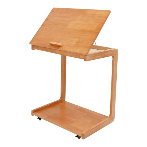Wooden C-Shaped End Table,Couch Table with Adjustable Tilt Top,Small Rolling Side Table w/Lockable Wheels, Side Table for Couch, Bedroom