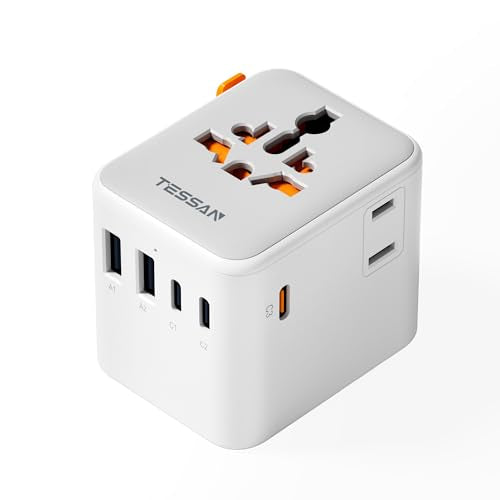 TESSAN Universal Travel Adapter 65W GaN, International Power Adapter with Extra 2 Prong AC Outlet, 5 USB Ports (3 USB C), Worldwide Plug Adaptor for US to Europe UK Australia Ireland (Type C G A I) - color: White-65W