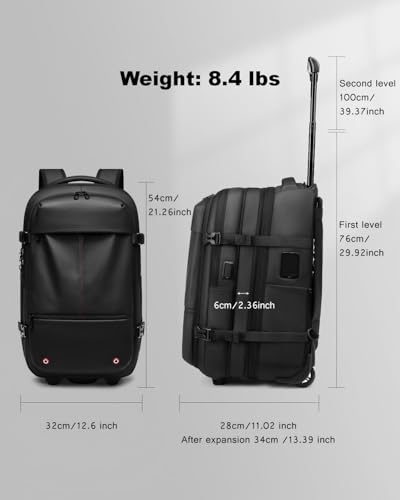 Vacuum Rolling Backpack with Integrated Pump, 60L Vacuum Backpack for Travel with Wheels, TSA Lock and Charging Port, Vacuum Compression Expandable Backpack for 17.3'' Laptop, Business & Long Trips