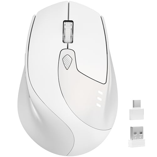TENMOS M7 Bluetooth Mouse, Rechargeable Dual Mode BT5.1+ 2.4GHz USB Silent Wireless Mouse with Type C Adapter & Battery Indicator, Ergonomic Design for Laptop, iPad, MacBook-White and Grey - color: white and grey