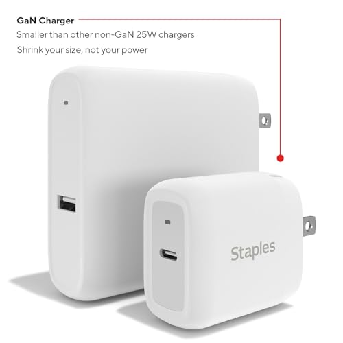 Staples TECH 25W USB‑C Fast Charger – GaN Compact Wall Adapter with Charging Cable, PD Fast Charging for iPhone, Samsung, iPad & USB‑C Devices - style: 25 Watt