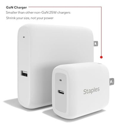 Staples TECH 25W USB‑C Fast Charger – GaN Compact Wall Adapter with Charging Cable, PD Fast Charging for iPhone, Samsung, iPad & USB‑C Devices - style: 25 Watt