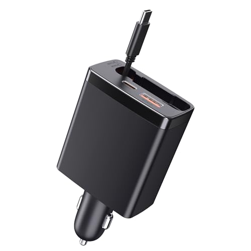 65W Laptop Car Charger with Retractable Cable, 3-in-1 125W Fast USB C Car Charger Adapter, USB-A & Dual USB-C Ports for iPhone 15/14/13, Samsung, MacBook, iPad, AirPods
