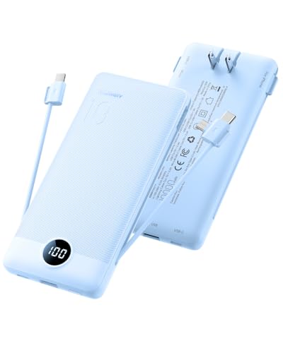 Portable Charger Built-in Cables and Wall Plug, 10000mAh Slim USB C Power Bank, LED Display External Battery Pack Compatible with iPhone/Android & More (Blue) - color: Blue