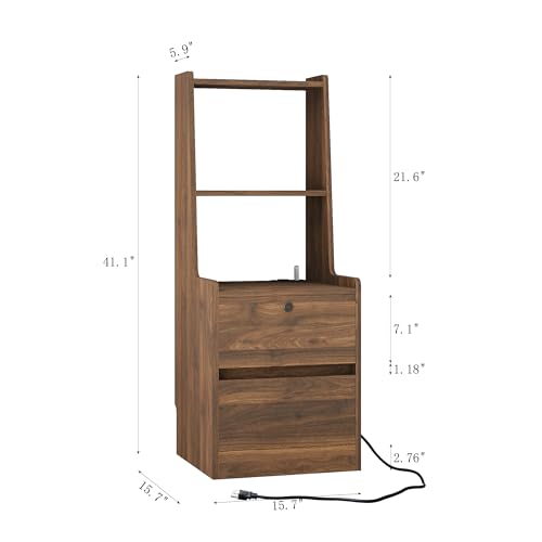 Modern Smart Nightstand with Night Light & Charging Station, Night Stand with Bookshelf, Lockable Bedside Cabinet Tables with 2 Storage Drawers for Bedroom Home Office - color: Wood