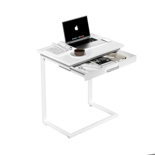 C Shaped End Table,Small Couch Side Table with Drawer,for Living Room, Bedroom Magazines, Computers, Coffee, Small Objects Storage.White - color: White
