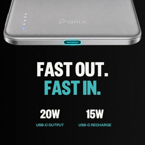 BMX Air Semi-Solid Power Bank, 5000mAh Qi2 (Silver) | World's thinnest semi-solid 5000mAh at 6.8mm; semi-solid-state safety; MagSafe-compatible 15W Qi2; 20W USB-C; titanium shell - color: Silver