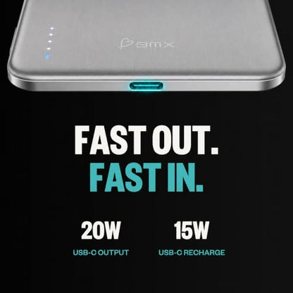 BMX Air Semi-Solid Power Bank, 5000mAh Qi2 (Silver) | World's thinnest semi-solid 5000mAh at 6.8mm; semi-solid-state safety; MagSafe-compatible 15W Qi2; 20W USB-C; titanium shell - color: Silver