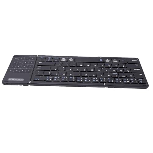 Bewinner 3 Fold Foldable Bluetooth Keyboard, Rechargeable Wireless Keyboard with Touchpad and Number Pad for Travel Work Tablet Laptop Users (Black) - color: Black