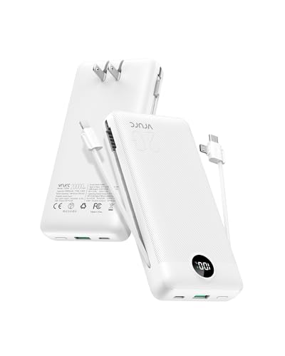 VRURC Power Bank 20000mAh, Fast Charging Portable Charger USB C,4 Output 2 Input Travel Essentials Charging Bank Equipped with LED Display,Built-in Wall Plug and Cables,Phone Charger Battery,White - color: White