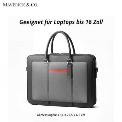 Maverick & Co. Manhattan Genuine Saffiano Leather Briefcase for Men - Slim Professional Laptop Bag for Work & Business Travel, Fits 16" Laptop (Black-Racing Red)