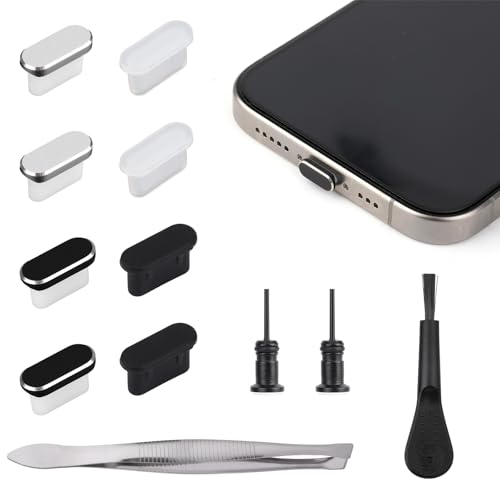 8pcs USB C Dust Plugs, Aluminum and Silicone Port Covers with Cleaning Kits Anti Dust Charging Port Covers Phone Plugs for iPhone 15 16 Series and All Type C Devices