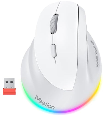 MEETION Left-Handed Wireless Ergonomic Vertical Mouse, Rechargeable - Gray | Dual Bluetooth 5.2/3.0 + USB, RGB lighting, 4 adjustable DPI, compatible with Windows, Mac, PC, iPad and tablets - color: Left Gray White