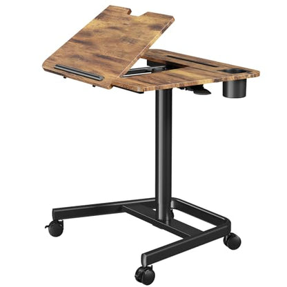 JOY worker Mobile Sit Stand Desk, 60° Tiltable Portable Desk, Rustic Brown | Pneumatic Height Adjustable Cart, Rolling Sit Stand Desk with Wheels & Cup Holder for Office Home School, Holds Up to 22lbs - color: Rustic Brown
