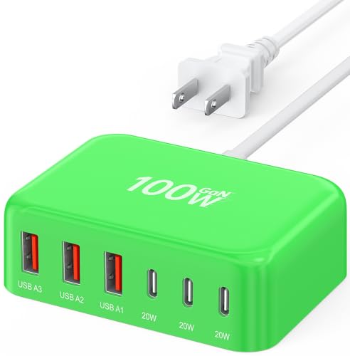 [2026 Updated] USB C Fast Charger, 100W GaN 6 Port Type C Charging Station Hub Block Cube, USB C Wall Charger Power Strip Adapter Plug for iPad iPhone 17 16 15 14 Pro Max Pixel Note Galaxy, 5ft Cord - color: E-Green