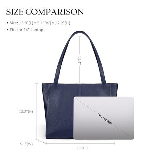 befen Genuine Leather Tote Bag for Women Work Travel Leather Purse Handbags | Real Leather, Padded 14" Laptop Compartment, Multi-Pockets, Zipper, Tote Bag for Daily - color: Navy Blue