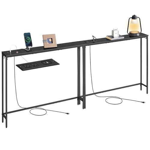 VASAGLE 39.4" Console Table Set of 2, Couch Tables with Outlets for Sofa | Narrow Behind Couch Table with 2 Hooks, 78.8", Easy Assembly, for Entryway, Living Room, Ebony Black and Ink Black ULNT078B01 - color: Ebony Black + Ink Black, size: 1 Tier (5.9"D