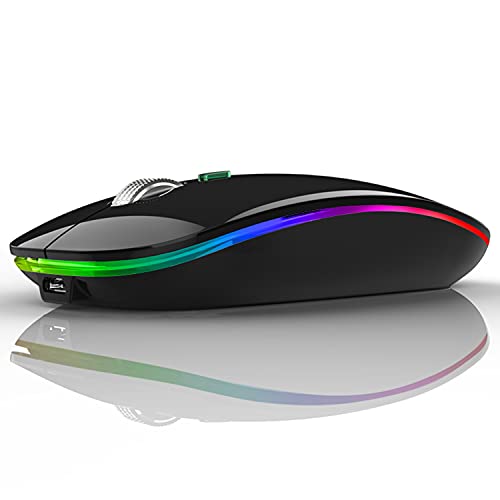 Uiosmuph LED Wireless Mouse, G12 Slim Rechargeable Silent Mouse - Black | 2.4GHz Optical, USB C Charging, Quiet Click, LED, Portable, 1600DPI, USB Receiver, Type C Adapter, Cordless, for Laptop/Mac - color: Black