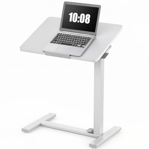 DUMOS Overbed Table with Wheels, Height-Adjustable Bedside Table, White | Rolling standing desk with Pneumatic Lift, Portable mobile desk for Bed, Couch, Office, Sofa - color: White, size: 27.56*15.75*42.52inch