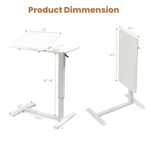 Portable Overbed Rolling Desk, Height Adjustable Mobile Standing Table, Foldable 31 Inch Small Laptop Bedside Desk with Tiltable Desktop, Hidden Wheels, Tray Table for Bed Sofa Side, White - color: White