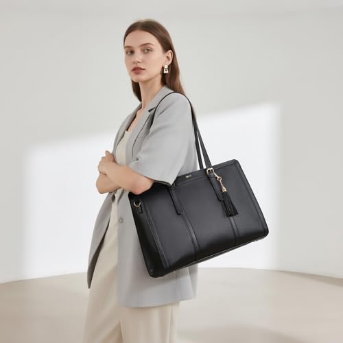 Keyli 4pc Sets Laptop Bag for Women Large Leather Laptop Briefcase with USB Charging Port Computer Shoulder tote Bags Purse - color: 3pc-black
