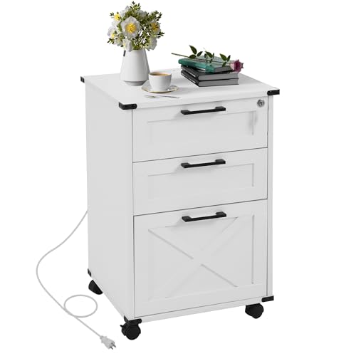 Onelike Small Wood File Cabinet with Charging Station and Lock, 3 Drawers | Built-in 2 AC, USB & Type-C; 1 lock secures 3 drawers; Nightstand, Printer stand and Mobile under-desk cabinet; White - style: 3 Drawers