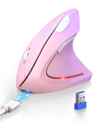 TECKNET Ergonomic Mouse Rechargeable Bluetooth - 4800 DPI Vertical Mice 6 Adjustable Levels, Wireless Optical Carpal Tunnel Mouse Right Hand, Multi Device for Laptop, PC, Computer - Pink Purple - color: Pink Purple