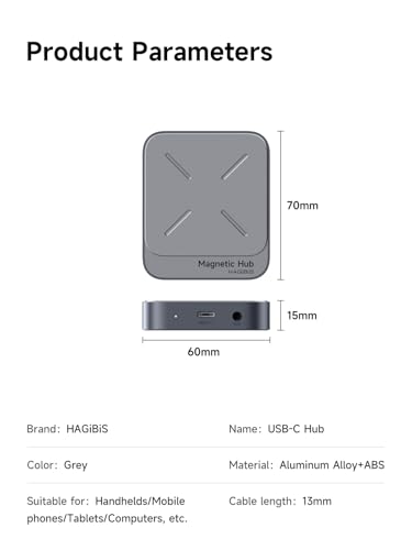 Hagibis Magnetic USB C Hub with Magsafe for iPhone 17 16 15 Pro Max, 7 in 1 Type-C Docking Station 4K@60Hz HDMI SD3.0 TF3.0 Card Solt 100W PD 10Gbps USB-C AUX for MacBook Pro Air, iPad Pro (TC100)