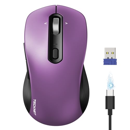 TECKNET Rechargeable Bluetooth Mouse, [ USB + BT5.0 + BT3.0 ] Wireless Mouse, Ergonomic 4-Way Scroll Wheel Computer Mice, 6-Level 4800 DPI Silent Mice, Multi-Device for Computer/Laptop/MacBook -Purple - color: Purple
