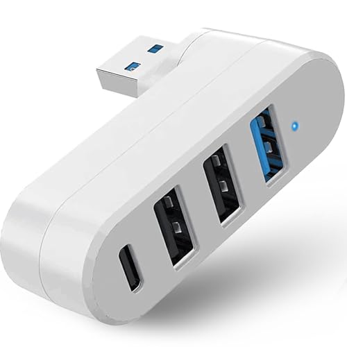4-Port USB 3.0 Hub [90/180 Rotatable], USB Splitter with 3 USB Ports & 1 USB C Power/Data Port, USB Extender for Laptops, Cars, iMac, MacBook Air, MacBook Pro
