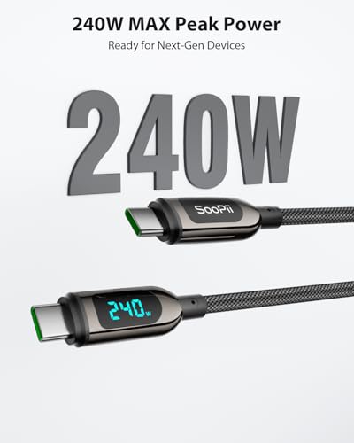 SOOPII 240W USB C to USB C Cable, [4ft,2-Pack] Nylon Braided Fast Charging Cable with LED Display for lPhone 17/17 Pro/16 Plus/15 Pro Max,lPad Air,MacBook Pro,Galaxy S25/S24, Pixel, LG (Black) - color: Black, size: 1.2M 2Pack - 240W
