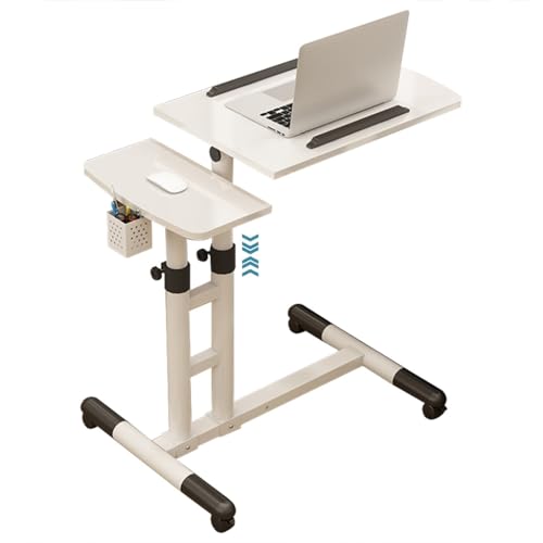 Mobile Laptop Desk with Pen Holder, Bedroom Bedside Lifting Standing Desk, Portable Mobile Study Table with Casters, Foldable Storage Side Table(White) - color: White