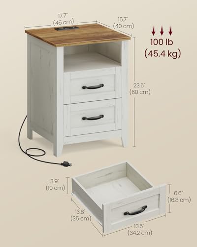 VASAGLE LIRY Collection - Farmhouse Nightstands with Charging Station, Set of 2 Bedside Tables, Side Tables with 2 Drawers, Open Compartment, for Bedroom, Rustic White and Honey Brown ULET869W01 - color: Rustic White + Honey Brown, size: 2 PACK, style: 17