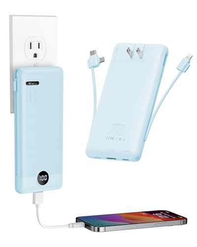 VRURC 10000mAh Portable Charger with Built-in Cables and AC Plug, Blue | 22.5W fast charge, LED display, Micro, USB-C and Phone cables, 4 outputs, 8 oz, airline approved - color: Blue