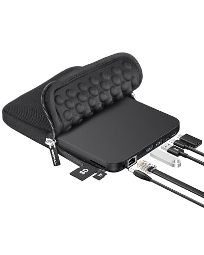 ROOFULL External CD DVD Drive with Ethernet Adapter, USB Hub, SD Slot, Case | 9 in 1 New USB 3.0 & USB-C Portable CD/DVD Optical Disc Drive Burner Reader Writer Player for Windows 11/10, Mac, Linux PC - style: 9 In 1 Drive + Carrying Case