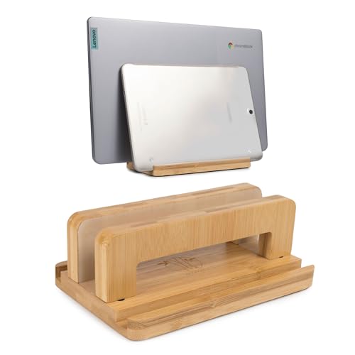 S&A WOODCRAFT 3 Slots Bamboo Wood Vertical Laptop Stand, Adjustable Wooden Laptop Holder, Non-Slip Laptop Dock Compatible with Apple MacBook, Microsoft Surface, Gaming Laptops, IPad, Tablets - color: Natural Bamboo, size: 3 Slots